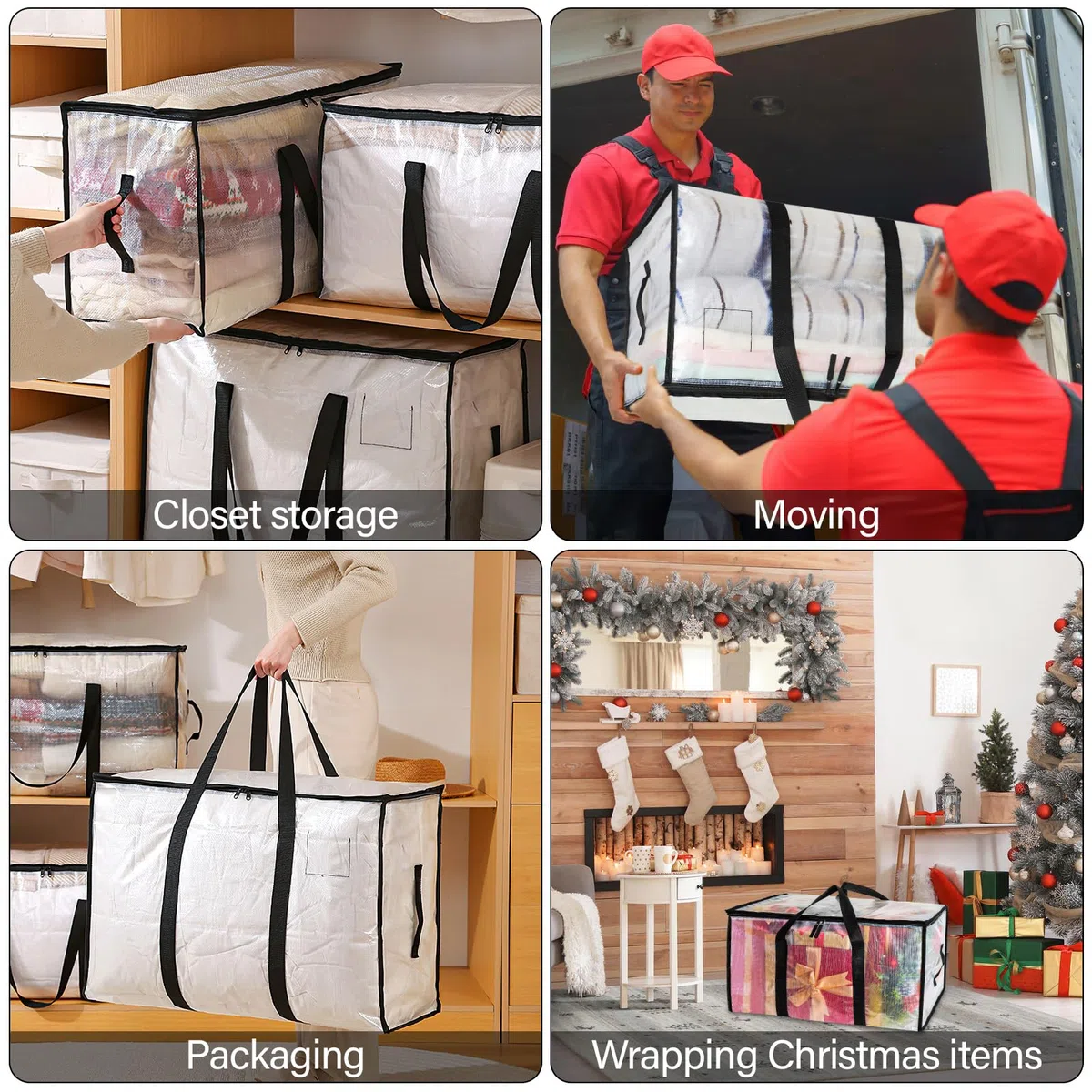 Pavlleen 4 Pezzi Borse in Plastica trasparente grandi,Borsa da 90 L trasloco grandi con cerniere e manici rinforzati,Borse di Stoccaggio Extra Large per Traslochi,stoccaggio,viaggi