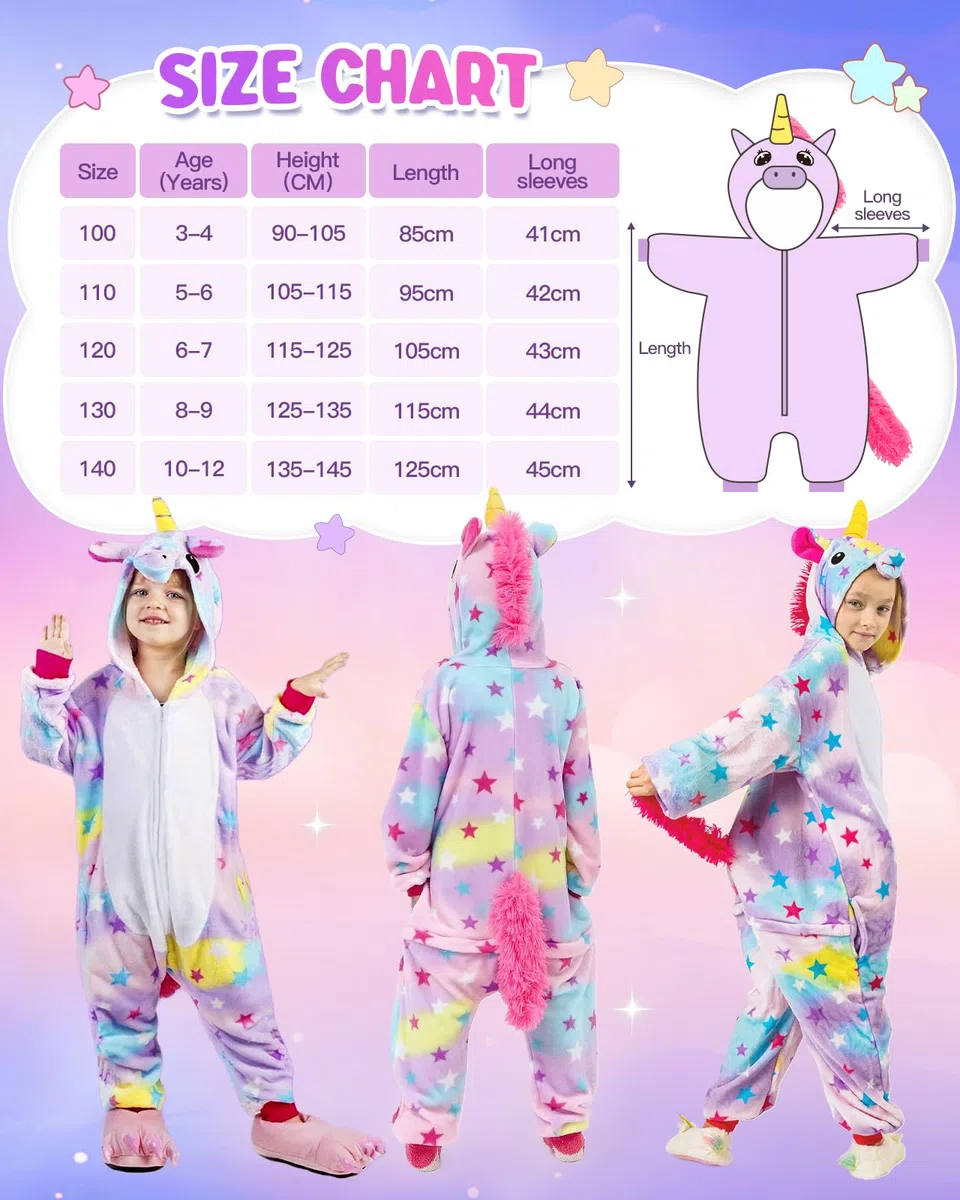 GEEKEO Unicorno Pigiama Intero - Pigiameria Onesie Bambini Cosplay Cartone Animato Animale con Cappuccio Festivo Tutine Bambina & Ragazza Intero Pigiama per Halloween Festa Carnevale