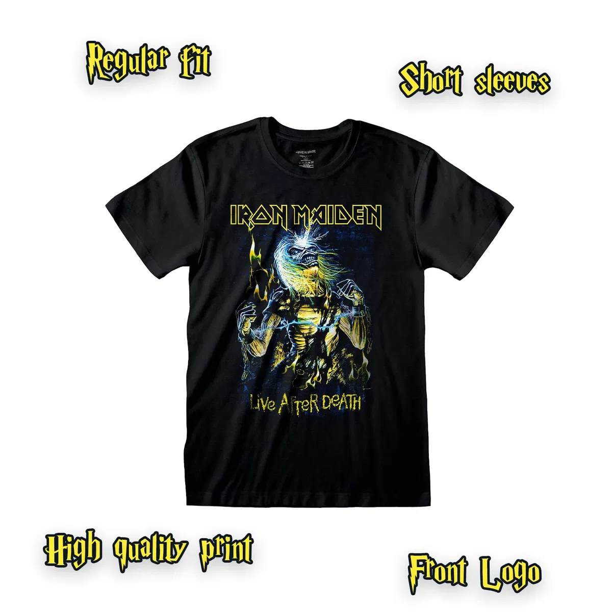 T-Shirt Iron Maiden Live After Death. Maglietta Rock Ufficiale Nera. Band Heavy Metal. Cotone. Unisex. Adulto Ragazzo.