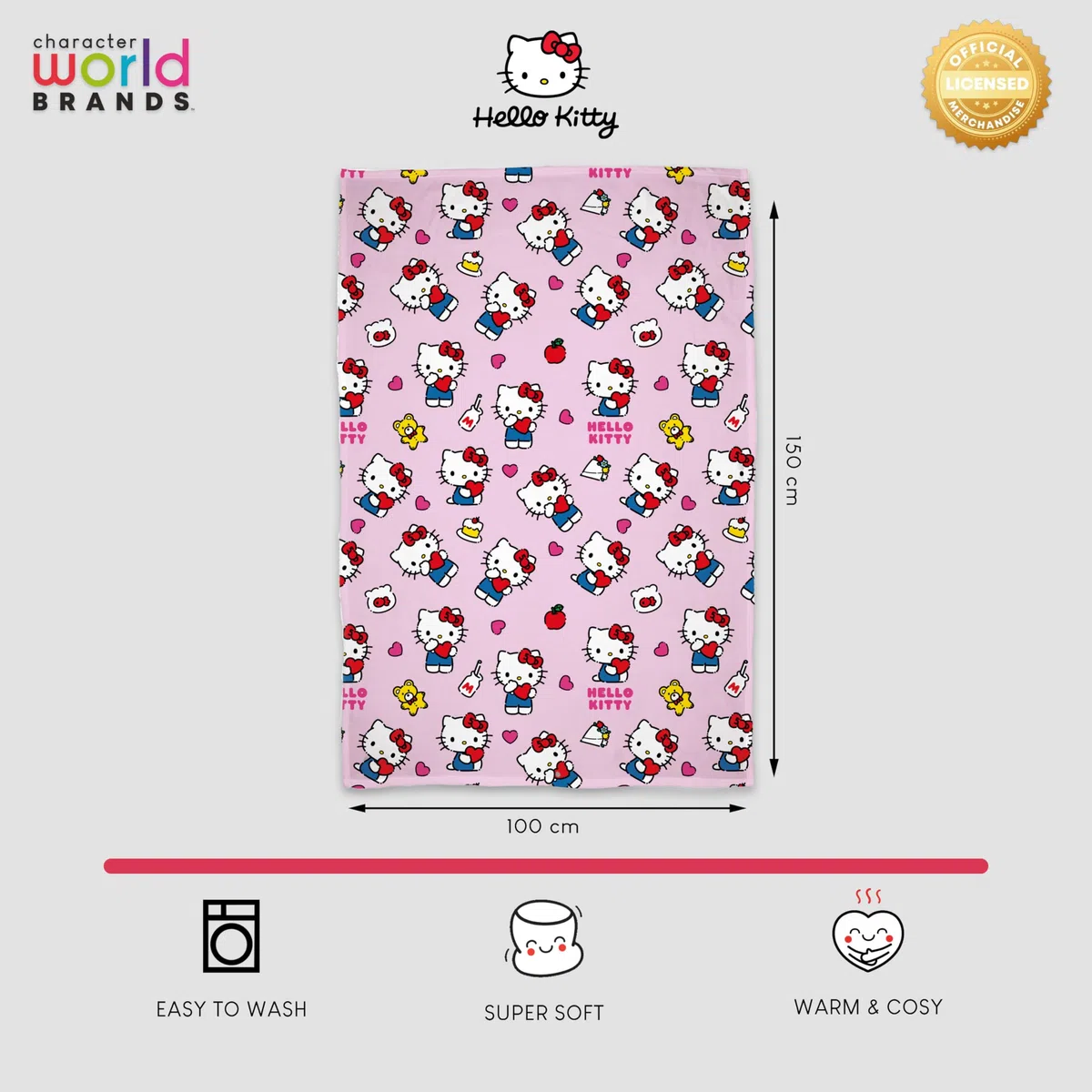 Coperta in pile con licenza Hello Kitty, super morbida, design rosa caldo con orsacchiotto e bottiglie di latte, perfetta per casa, camera da letto, pigiama party e campeggio, 100 x 150 cm