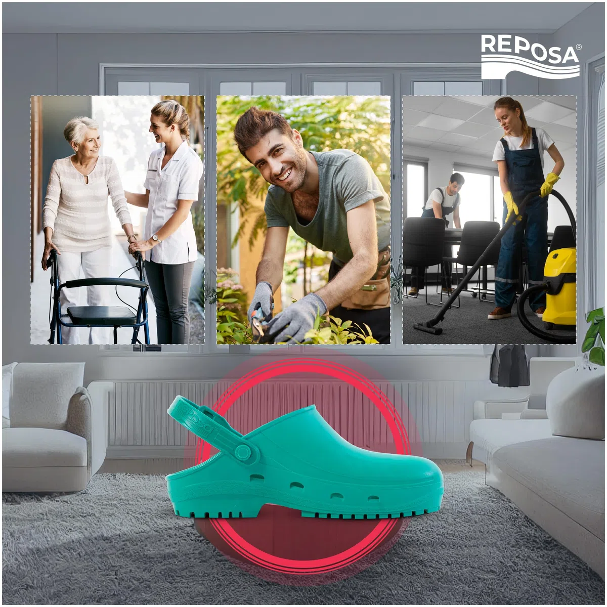 REPOSA Eco - Zoccoli Donna e Uomo in Gomma Comodi, Leggeri, Antishock, Ideali per Casa, Giardinaggio, Fai da Te - Ciabatte Donna Anatomiche con Fori Laterali, Laccetto Ribaltabile, Effetto Antiscivolo