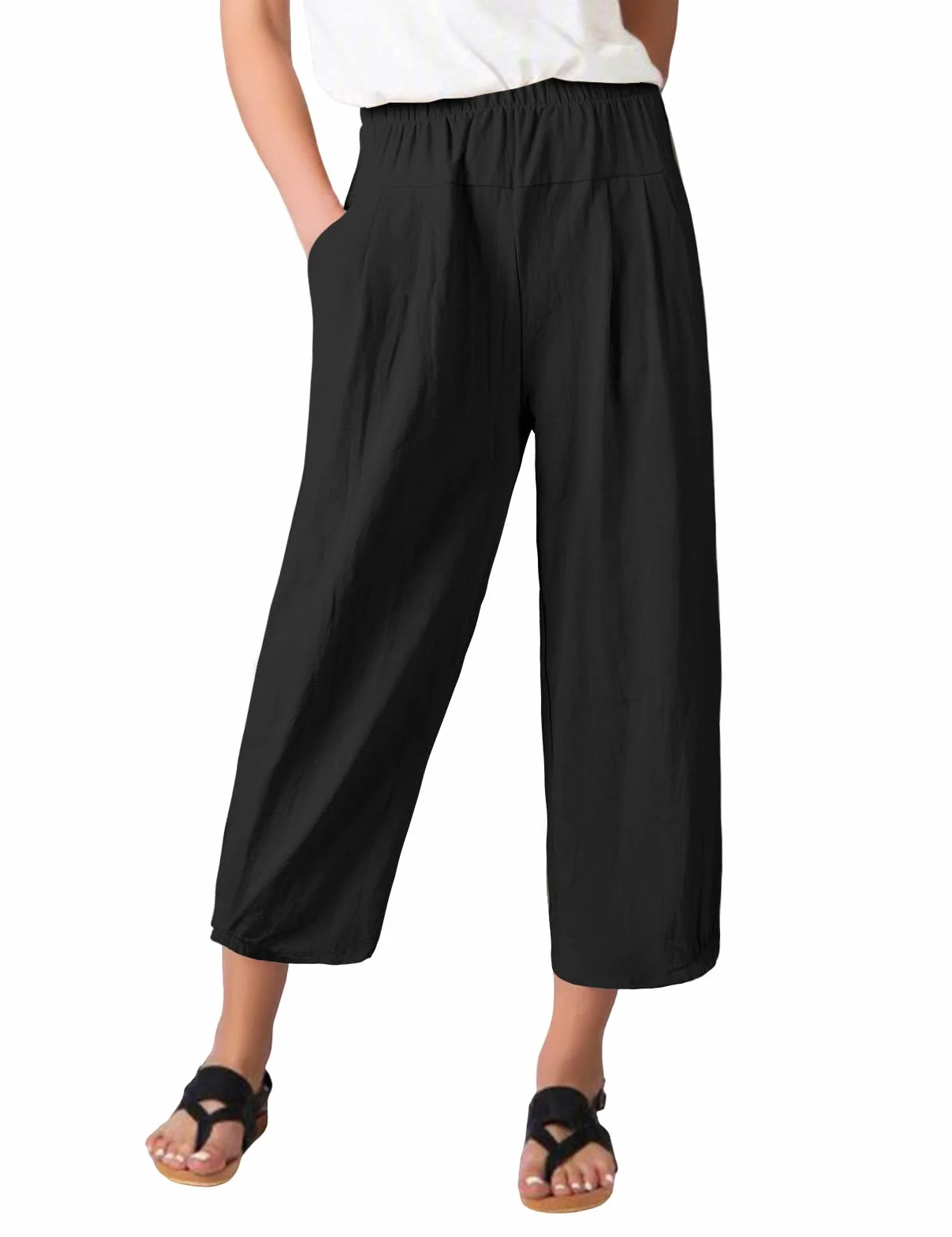 Pantaloni Donna Estivi Casual Cotone e Lino 7/8 Pantalone Gamba Larga Leggeri Pantaloni Elastici in Vita Tinta Unita Harem Pants con Tasche
