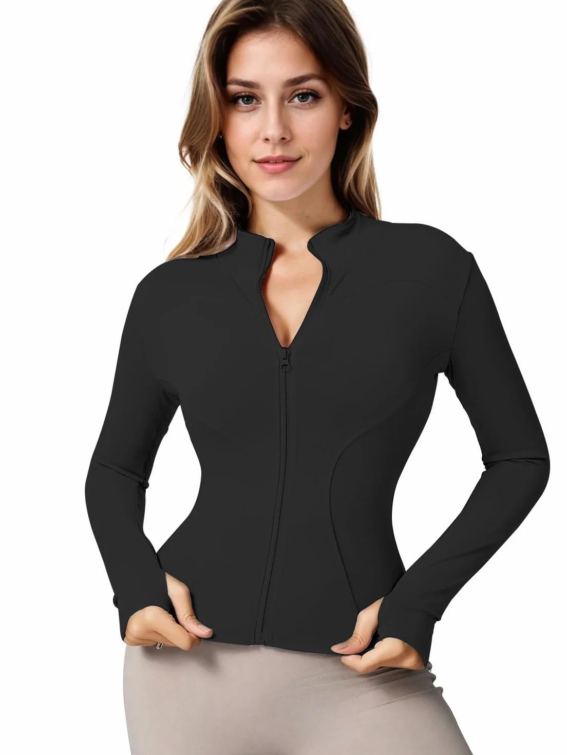 Memoryee Donna Manica Lunga Crop Top Pullover Yoga Running Sport Athletic Gym Workout Maglia Fitness con Mezza Zip e Pollice Foro