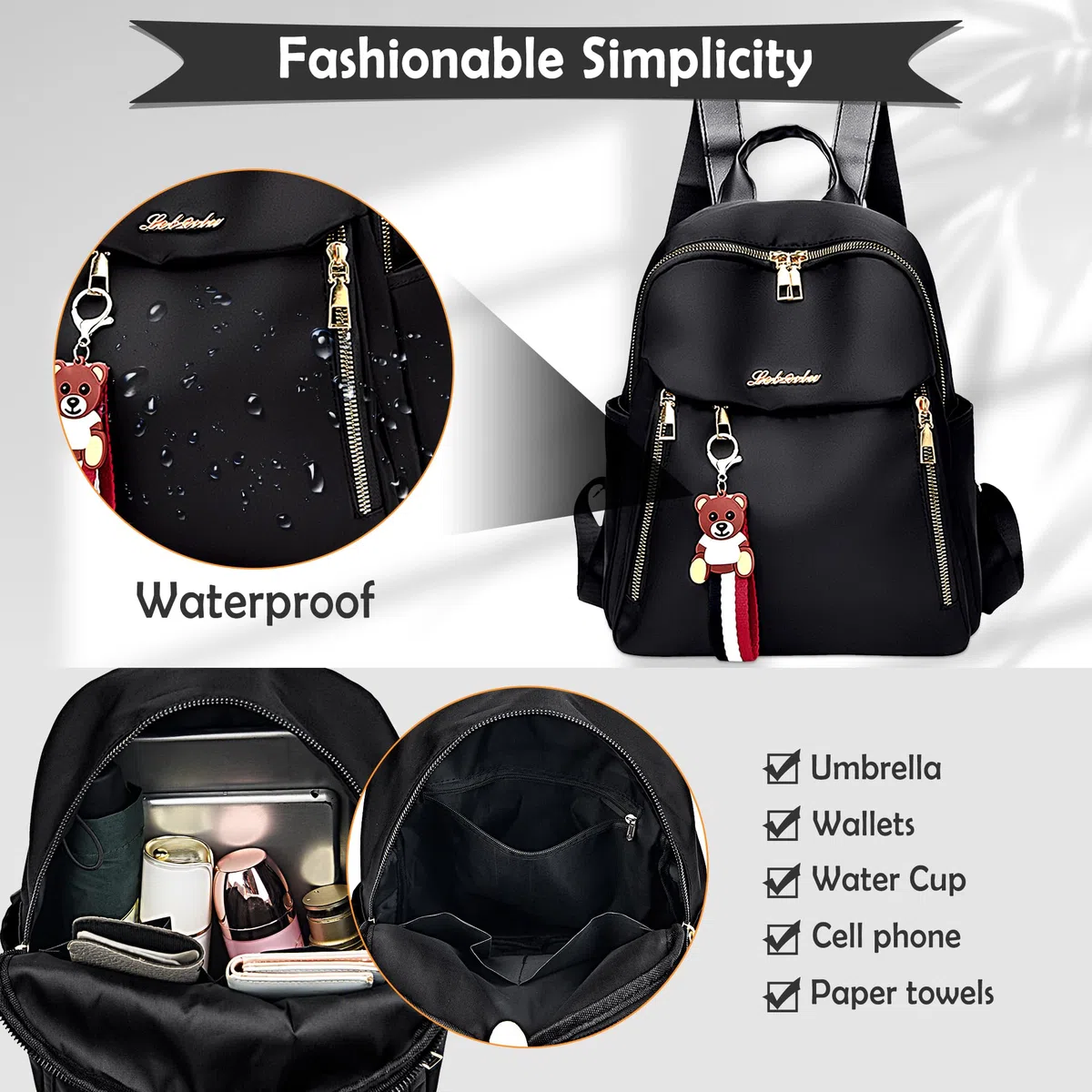 Zaino Donna Antifurto, Casual Borsa Tracolla Moda Zainetto Ragazza Leggero Impermeabile Viaggio Daypack Regolabile Piccolo Spalla per Scuola Lavoro Shopping Trekking, Nero