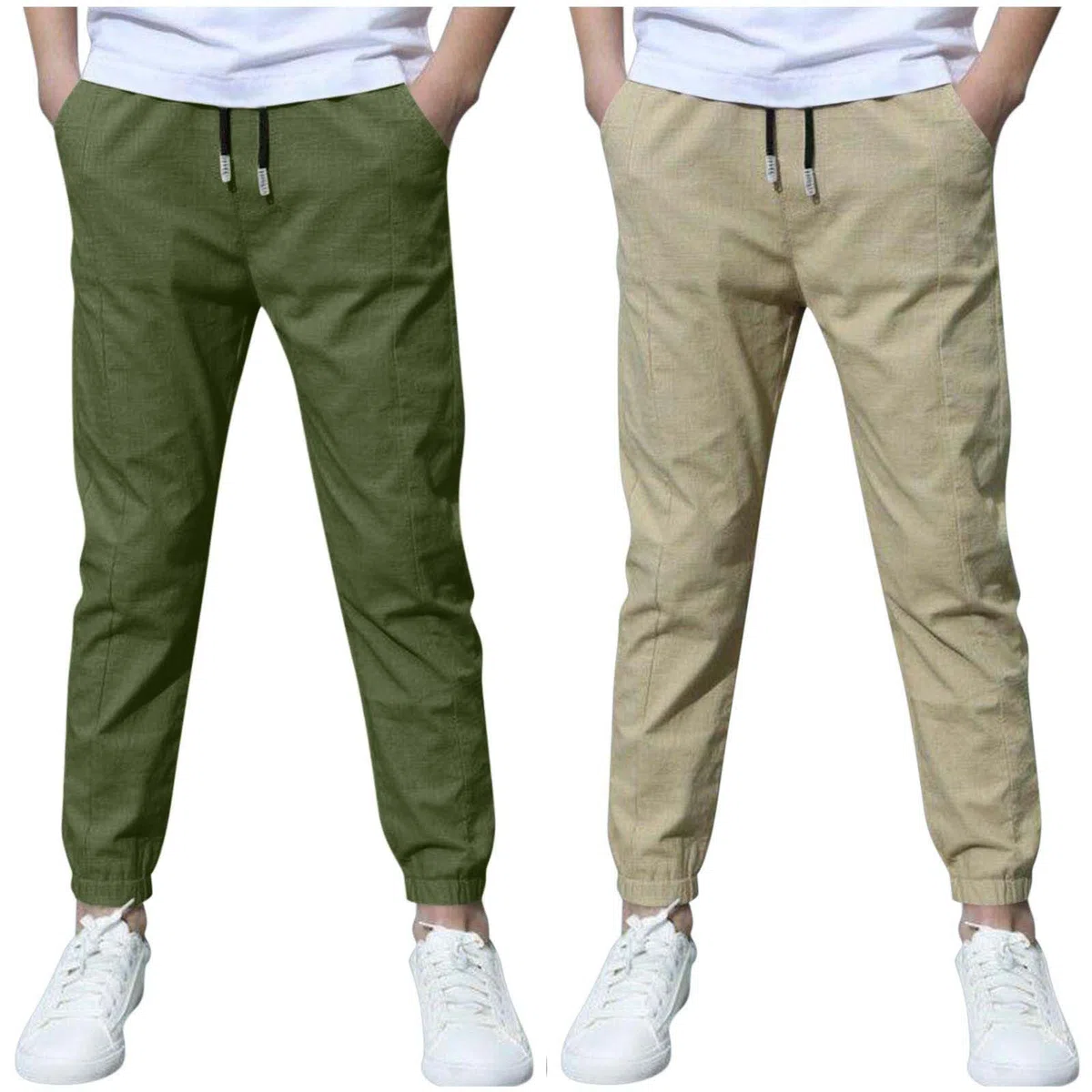 Confezione da 2 pantaloni in lino estivi classici alla moda pantaloni chino con coulisse, pantaloni sportivi leggeri, casual, tinta unita, uniforme scolastica, età 3-13 anni