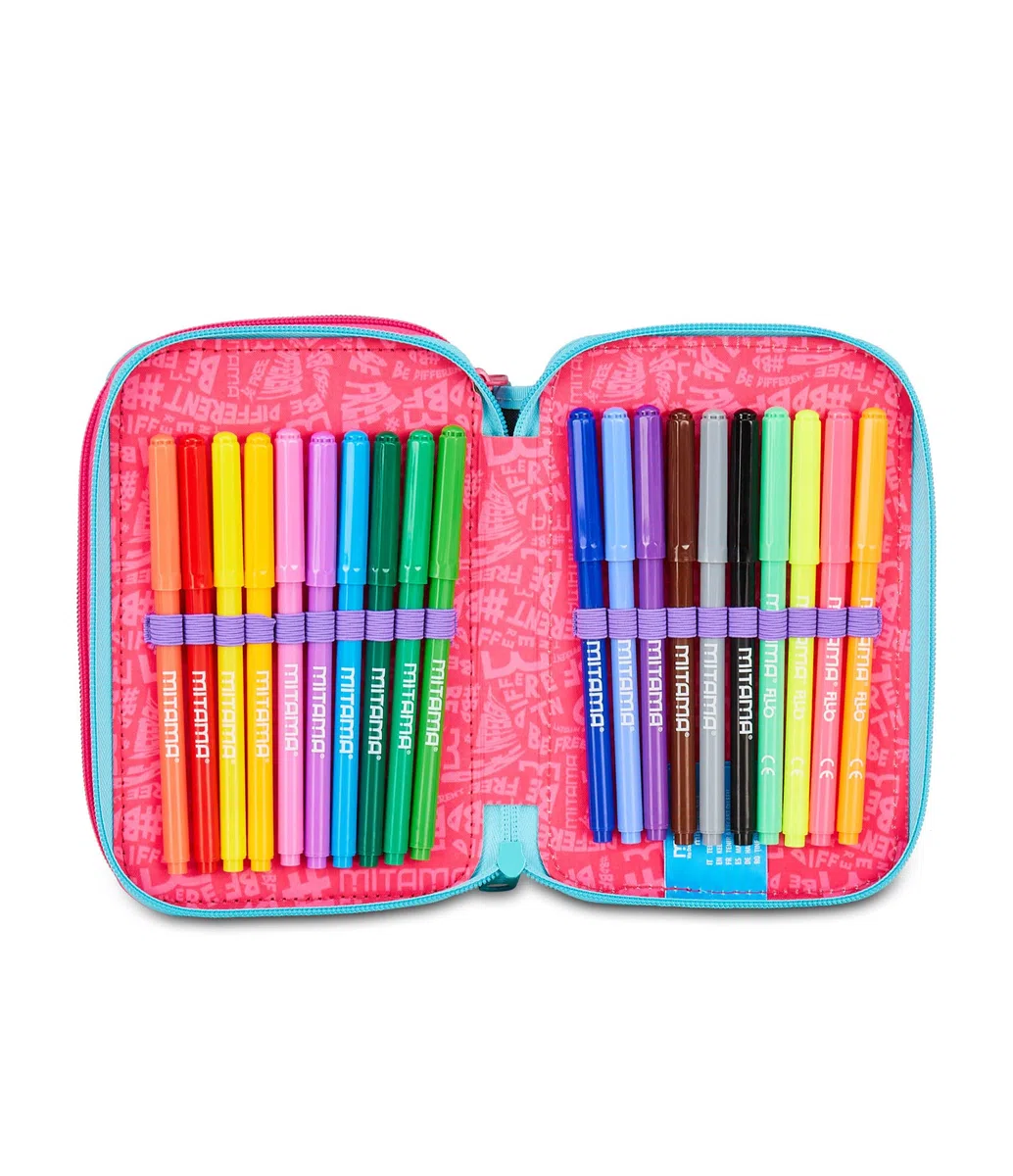 Mitama Astuccio Scuola 3 Scomparti, SUPER TRIPLO RAINBOW LOVE, Contenuto 47 pz, Completo di Matite, Pennarelli, Portapenne Scuola Elementare Bambina