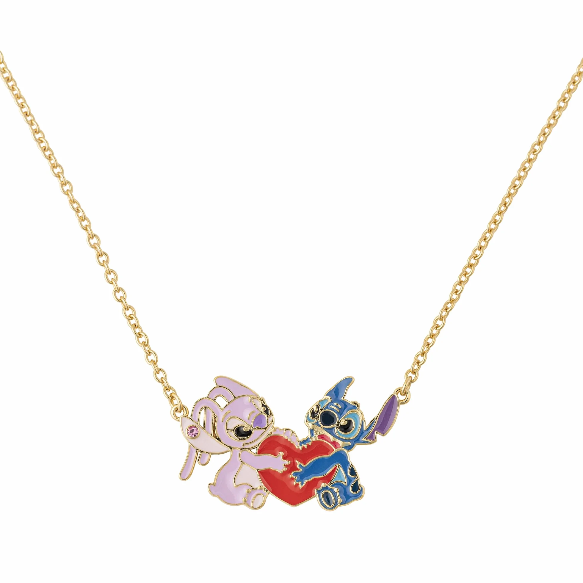 Disney Collana con ciondolo a forma di cuore placcato in oro di Stitch & Angel per ragazze
