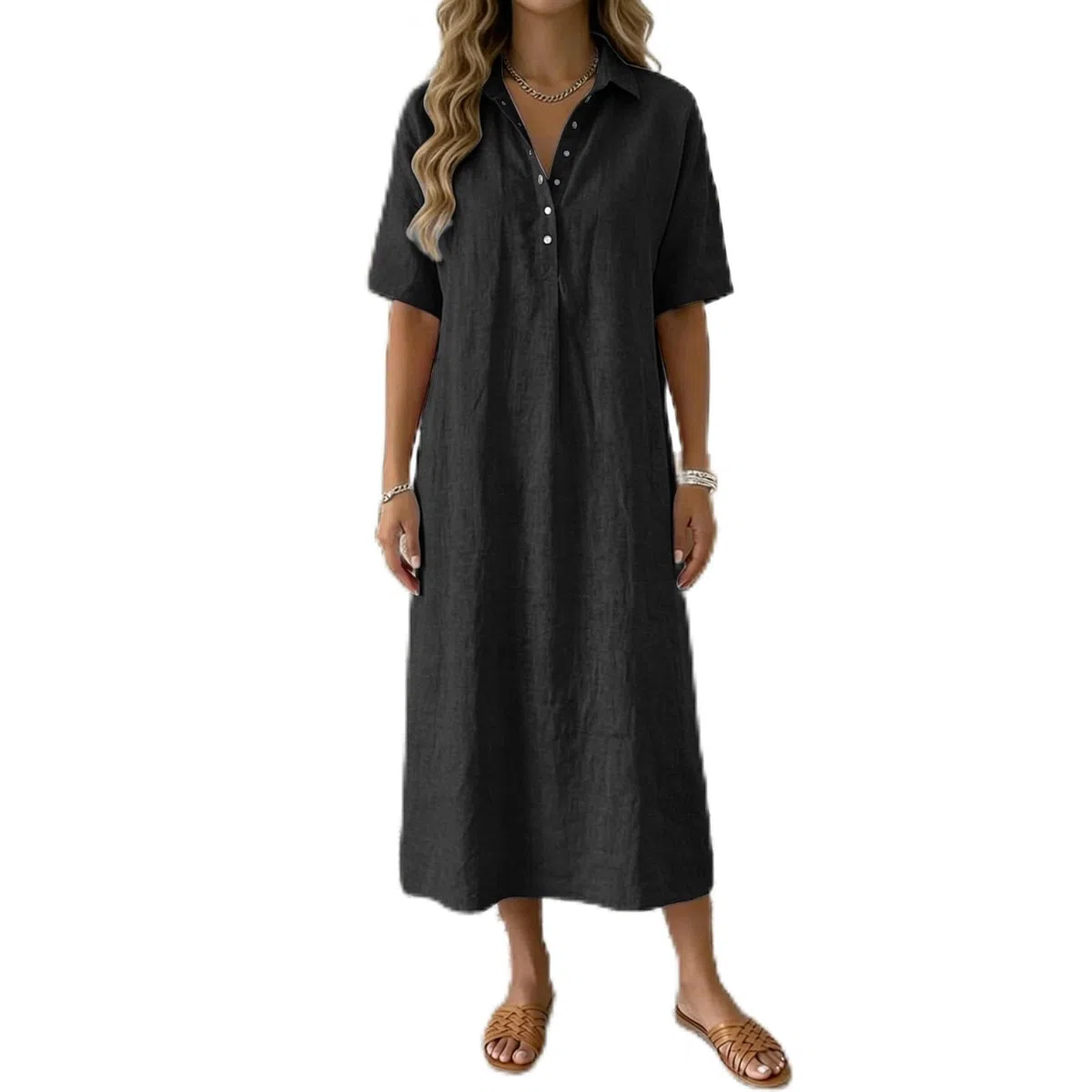 Abiti Estivi Donna - Lino Casual Eleganti Vestito V Manica Larghe Abito Vacanza Comodo Taglie Forti Summer Dress per Uso Quotidiano, Spiaggia E Passeggiate Estive Casa Vacanze