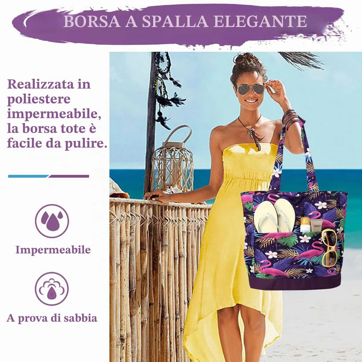 VASCHY Borsa da spiaggia, resistente all'acqua, grande borsa da donna, pieghevole, leggera, borsa a tracolla estiva con chiusura a cerniera e multi-tasche per vacanze, viaggi, spiaggia, piscina