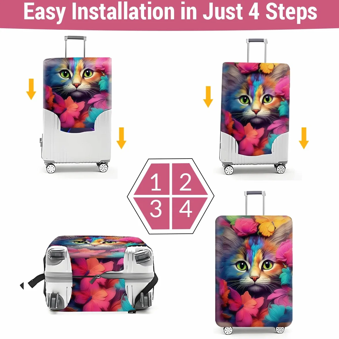 FANSU Copri Valigia per 26-28 Pollici, Elastica Copri Trolley 3D Gatto Luggage Cover Chiusura con Cerniera, Trolley Protector Cover Grande Valigia Antipolvere Lavabile Copertura