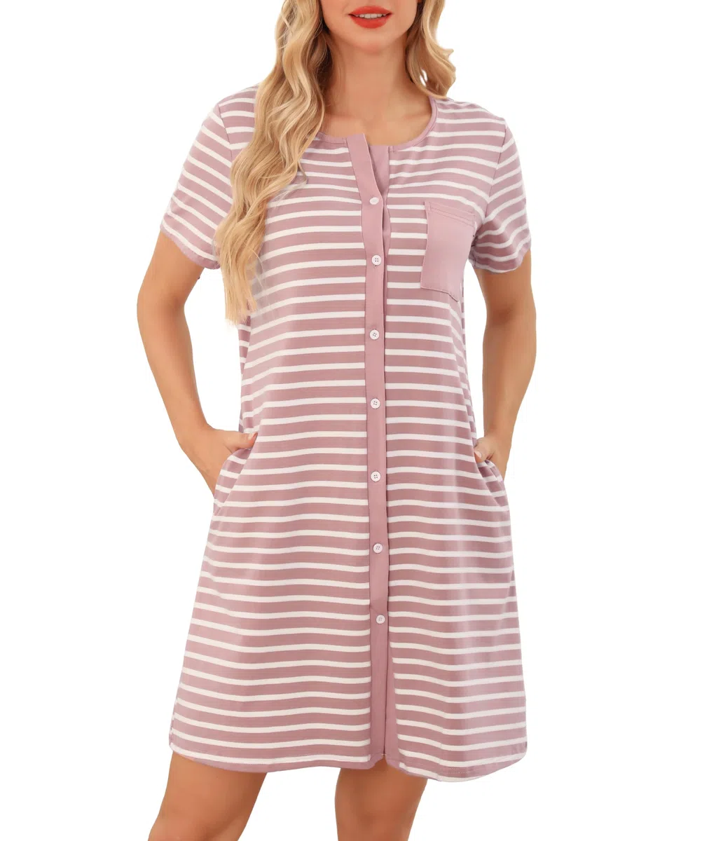 Lovasy Camicia da Notte in Cotone Donna Camicia da Notte Manica Corta a Righe Scollo a V Sexy Sottoveste Curvy con Bottoni Davanti Abito da Notte Estiva con Tasche