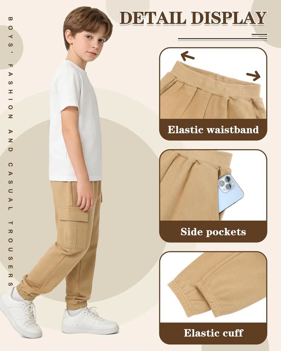 LACOFIA Pantaloni Cargo Ragazzo Pantalone Jogging Bambino con Elastico Vita per Scuola, Sport, Tempo Libero e Uso Quotidiano Kaki 12-13 Anni