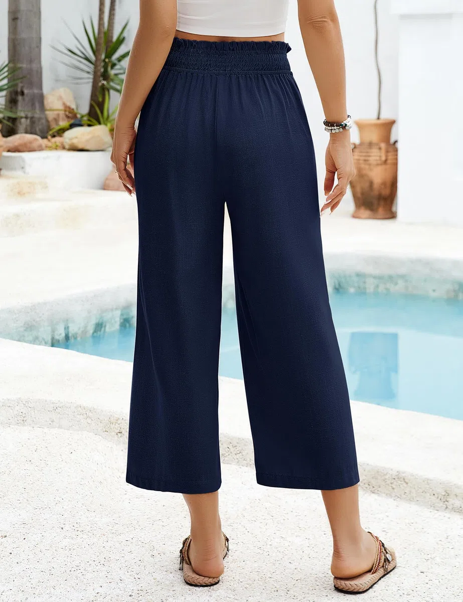 Pantaloni Lino Donna Estivi Leggeri Pantaloni Larghi Cotone e Lino Elastici in Vita 7/8 Pantaloni a Gamba Eleganti Casual Allentati Comodi Pants con Tasche