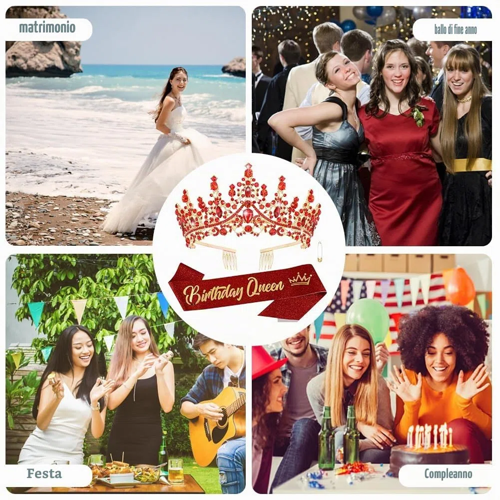 Rosso Fascia per Compleanno Ragazza Tiara, Oro Rosso Tiara Regina, Regalo Compleanno, Corona di Cristallo Tiara per I Compleanni Delle Ragazze