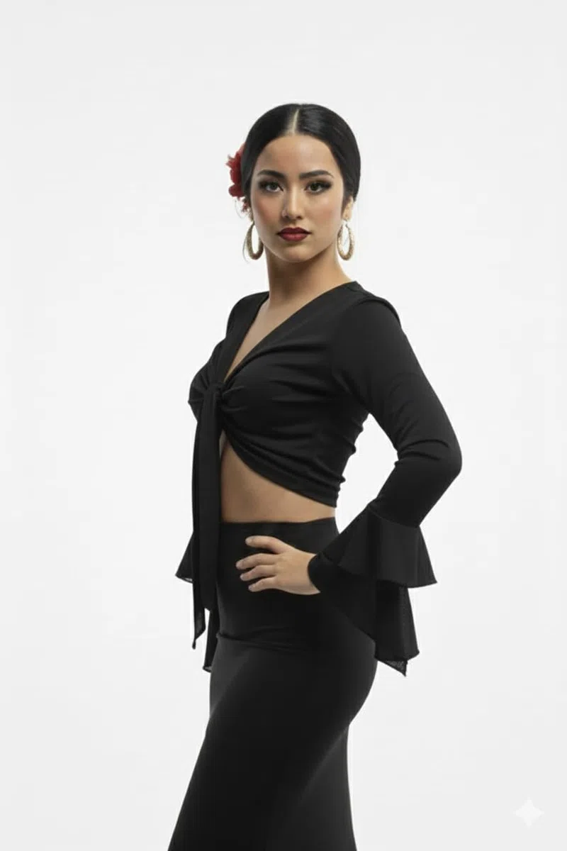 Bolero Torera Top Crociato Fenicottero Tessuto elasticizzato Manica Lunga con Due Volant