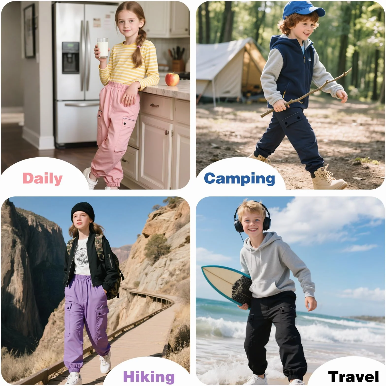 Pantaloni Cargo da Ragazza Ragazzo, Impermeabili Traspiranti Pantalone Cargo Trekking Jogging con Vita Elasticizzata e Tasche Multiple Pantaloni Sportivi per Ragazzi Ragazze 7-14 Anni