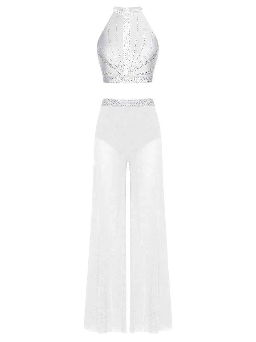 Freebily Donna Abito da Ballo Lirico Contemporaneo Maxi Vestito da Pattinaggio Artistico Completo da Danza Moderna Jazz Crop Top Canotta + Pantaloni Larghi Dancewear