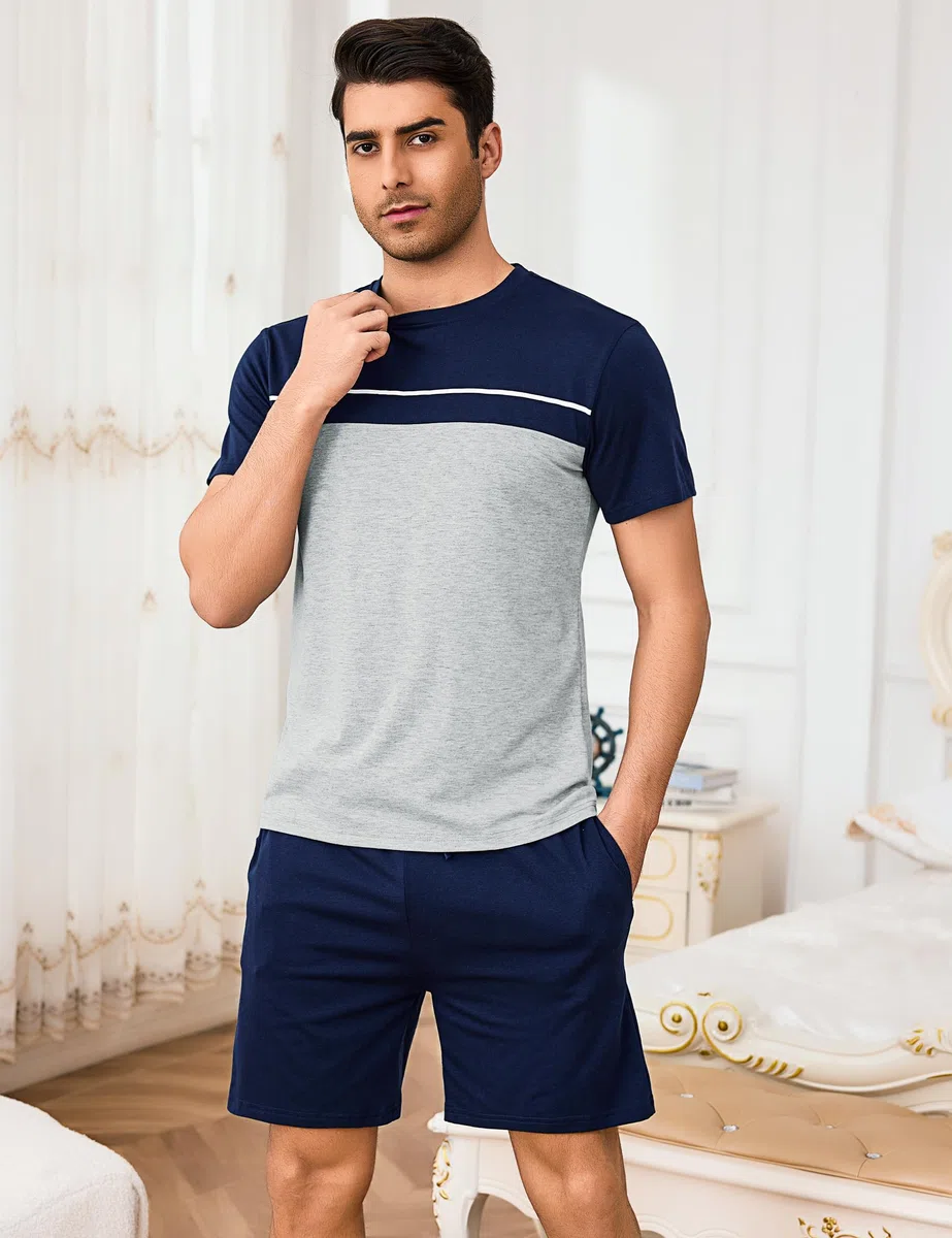 Bresdk Pigiama Uomo Estivo Cotone Pigiami Estivi Maniche Corte e Pantaloncini Due Pezzi Leggero e Morbido con Tasche
