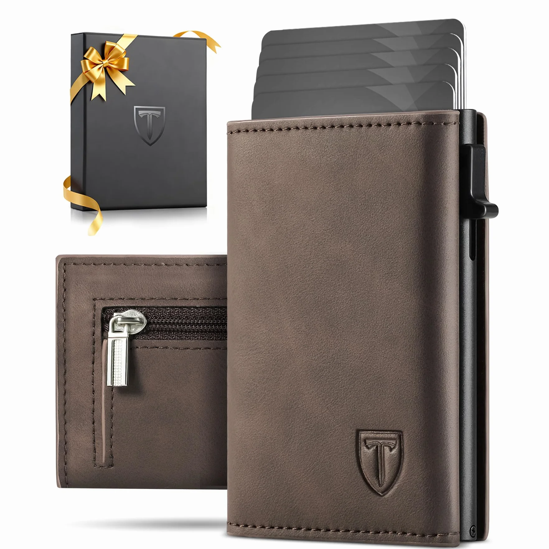 Portafoglio Uomo, RFID Magnetica Portafoglio Uomo Slim, Porta Carte di Credito Uomo - ID Window, Tasca portamonete con cerniera, Scomparto per Banconota - Marrone