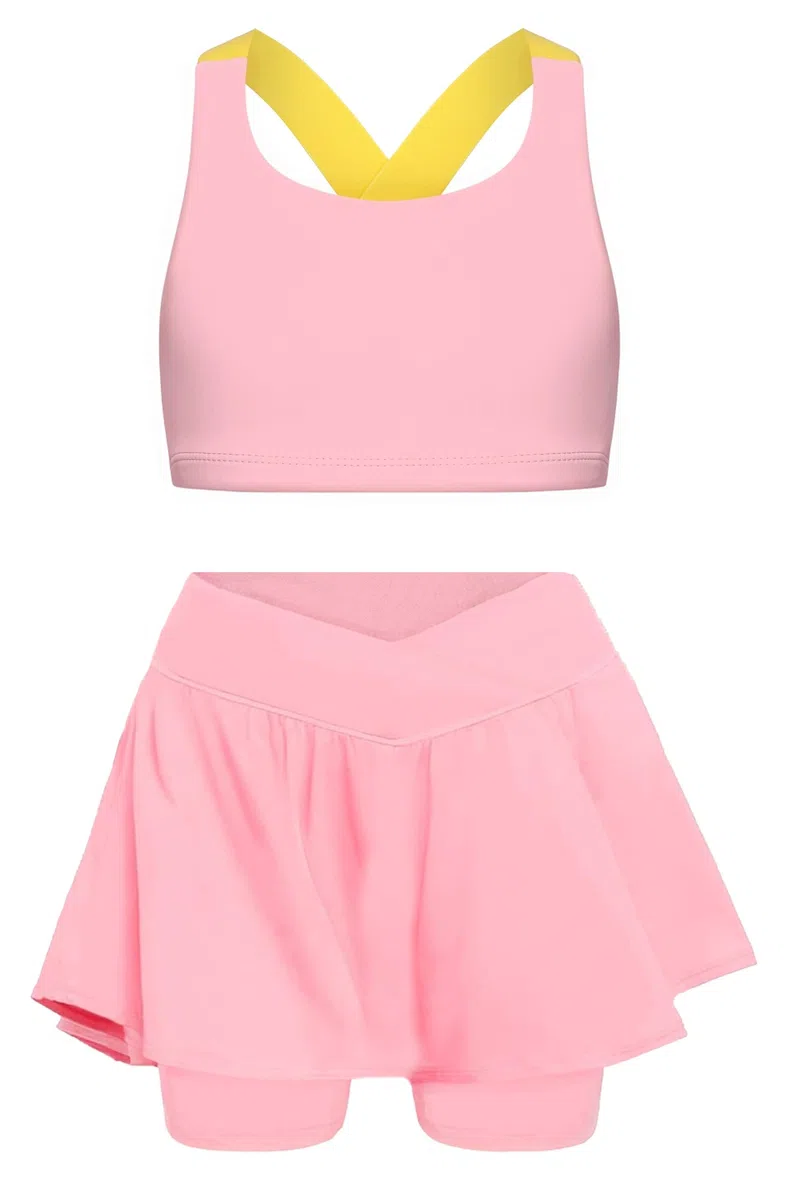 Set di 2 pezzi da allenamento per ragazze, set di reggiseni e gonne con tasche e pantaloncini