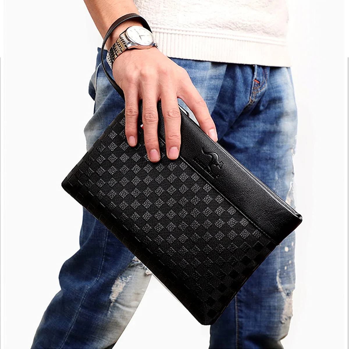 A-QMZL Pochette Uomo Pelle Pochette Business di Grande Capacità Pochette Buste Borsette Fessura Carte Tasche con Cerniera Portafogli Uomo con Cinturino Polso Borsa da Polso Lavoro Viaggio Casual
