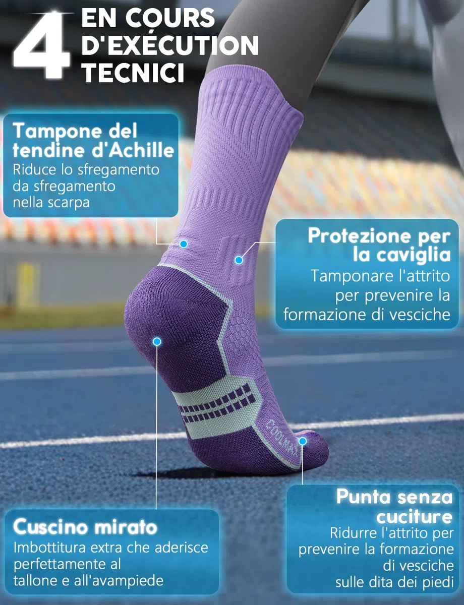Calzini da Running Compression in Bamboo con Coolmax - Anti-VescicheperTrekking & Palestra VescicheCon Cuscino a Zone Ventilazione Rete Supporto