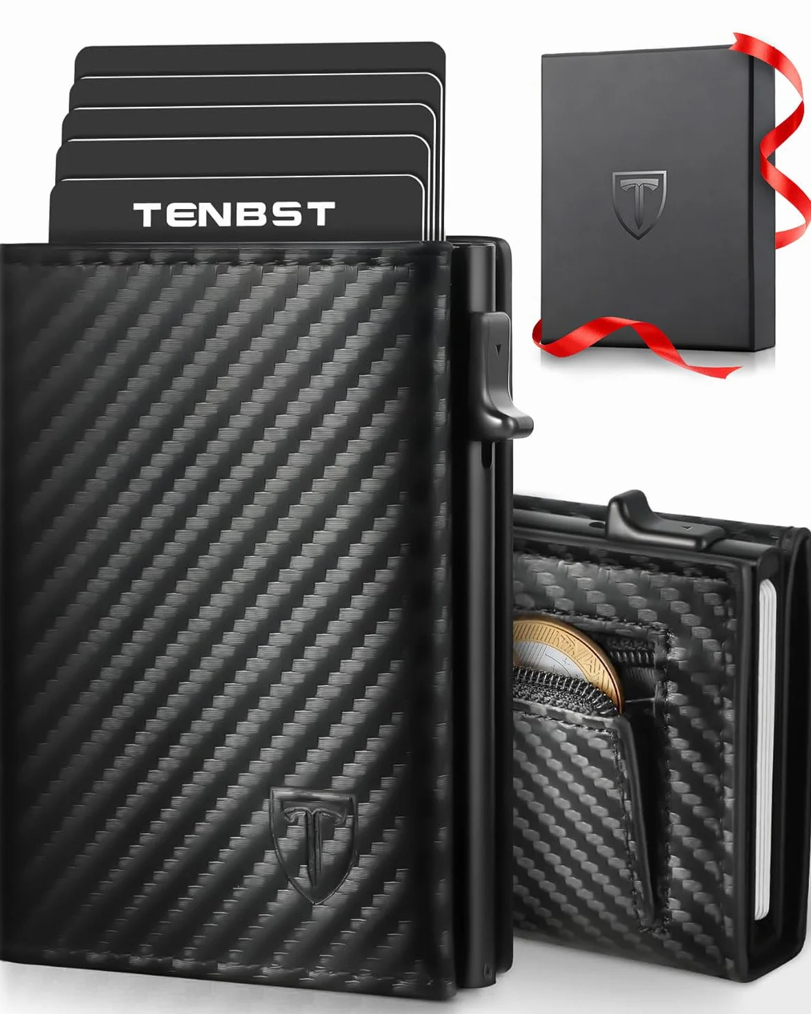 TENBST Portafoglio, Slim Porta Carte di Credito Uomo con RFID Anticlonazione, Portacarte Piccolo Magnetico, Porta Tessere con Portamonete e Contanti, Idea Regalo - Carbon Nero