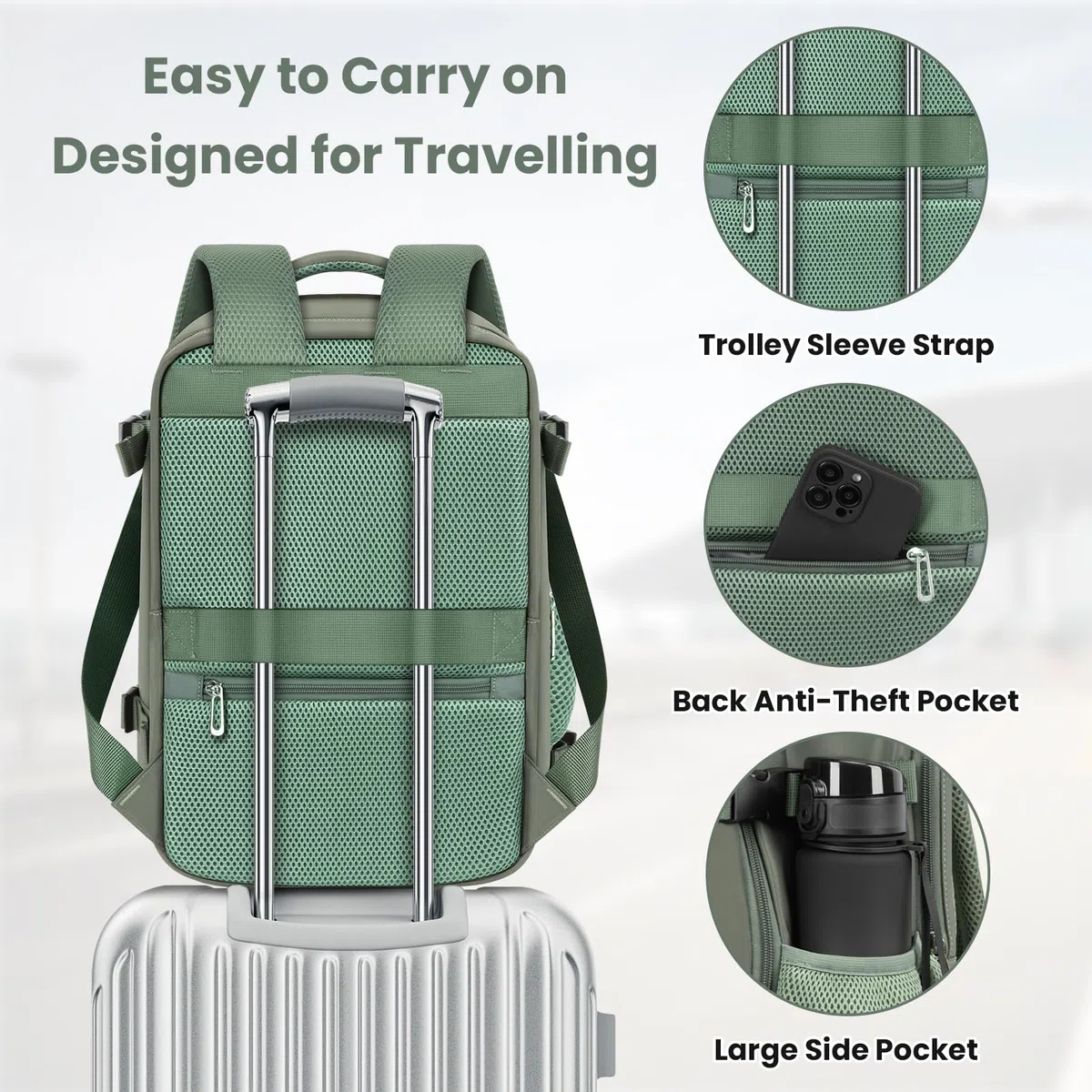 OTAHGK Zaino da Viaggio 40 × 30 × 20 per Ryanair, Bagaglio a Mano Sotto il Sedile Aereo Borsa da Cabina Voli Zaini Casual Valigia Ufficio Scolastico Lavoro Borse Adatto a Laptop da 14 pollici-Verde