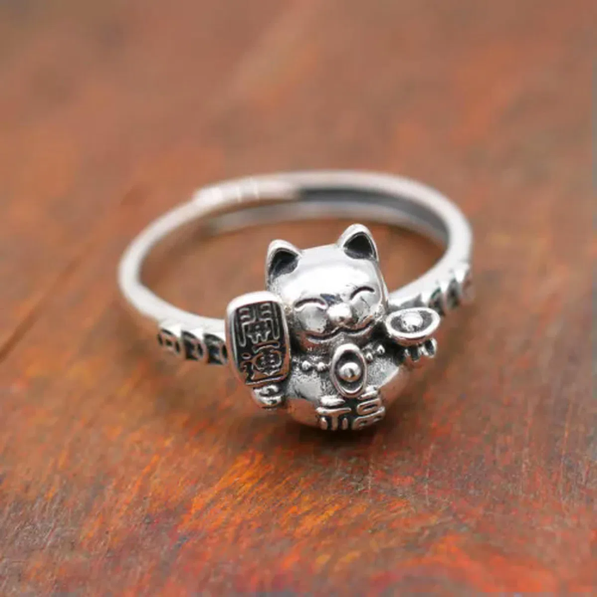 1PC Anello Regolabile Maneki-Neko con Gatto della Fortuna in Argento Antico-8