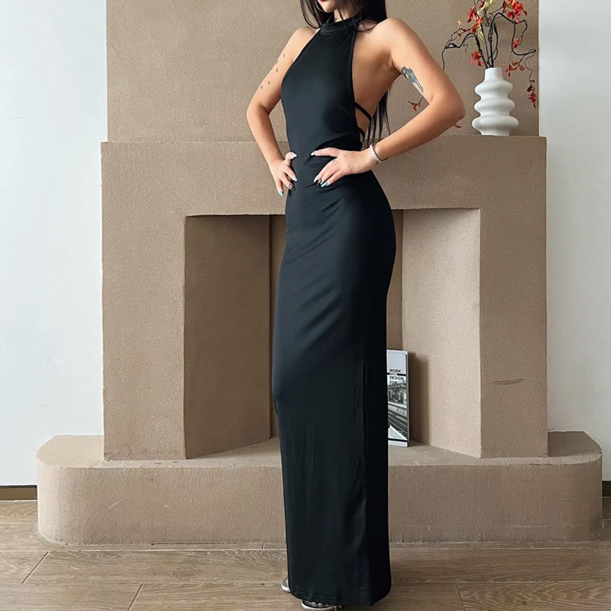 Vestito Donna Spaghetti Strap Senza Maniche Vestito Collo Cavezza Vestiti da Cerimonia Abito da Sera Partito Bodycon Senza Schienale Festa Banchetto