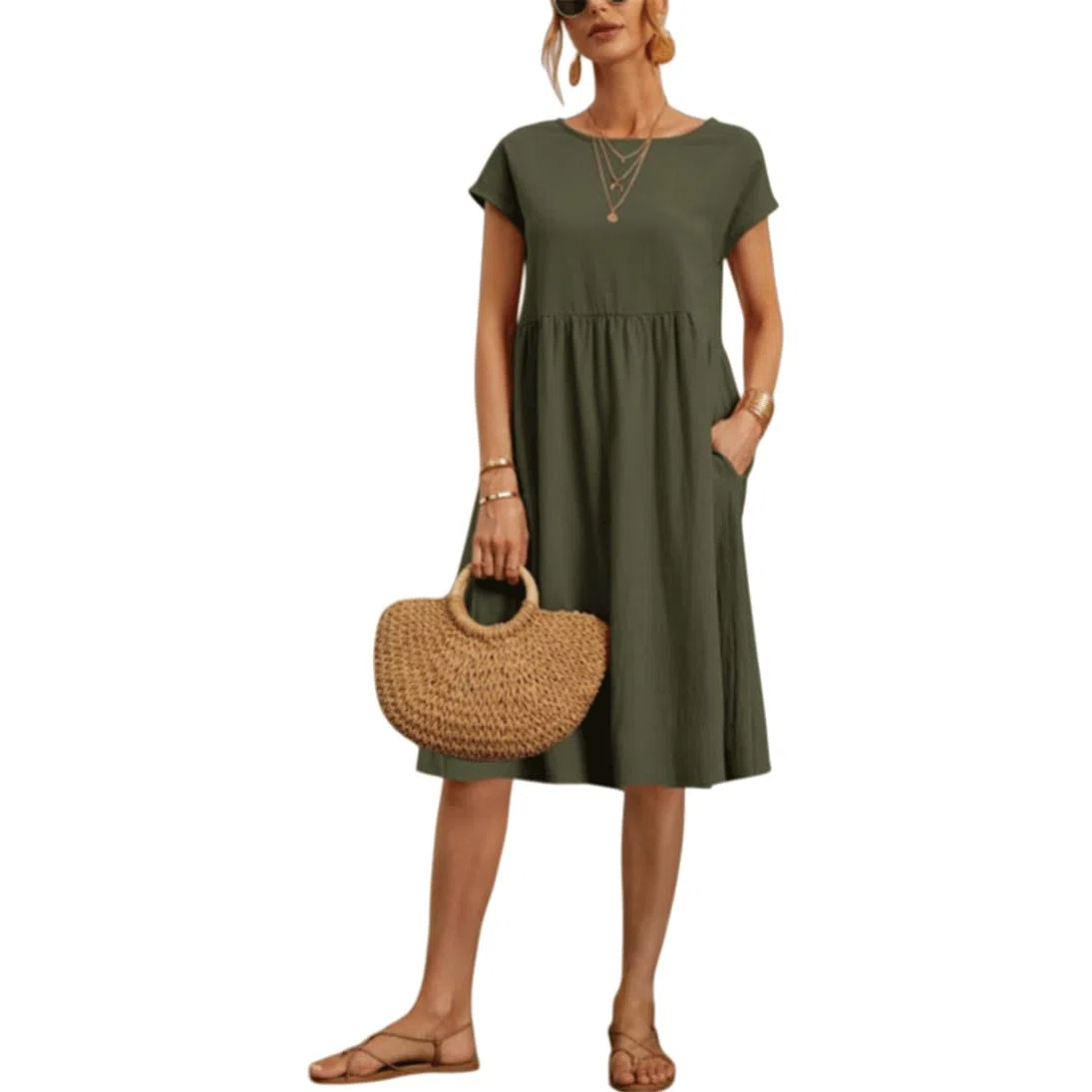 Vestito Donna Estivo Abito Lungo Girocollo Scollo Vestiti con Manica Lunghi Rotondo a Maniche Corte Casual Abiti Cotone Tinta Unita Lunghezza Oltre Il Ginocchio Casual da Donna Vestito Mare