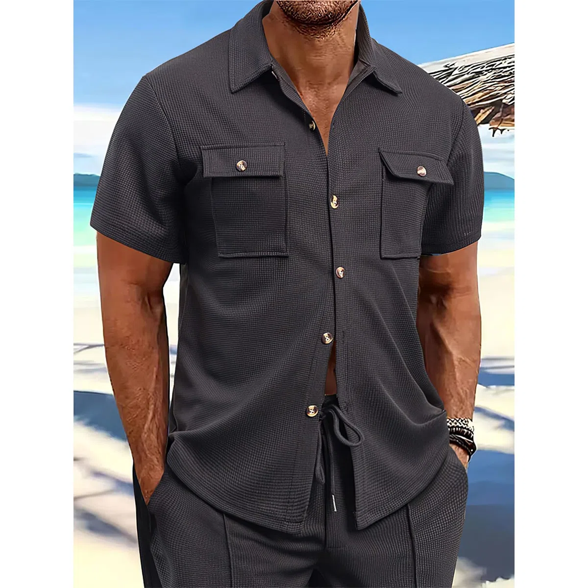 amropi Tuta Uomo Corto 2 Pezzi Waffle Maniche Corte Camicia Bottone e Pantaloncini Casual Estiva Completo