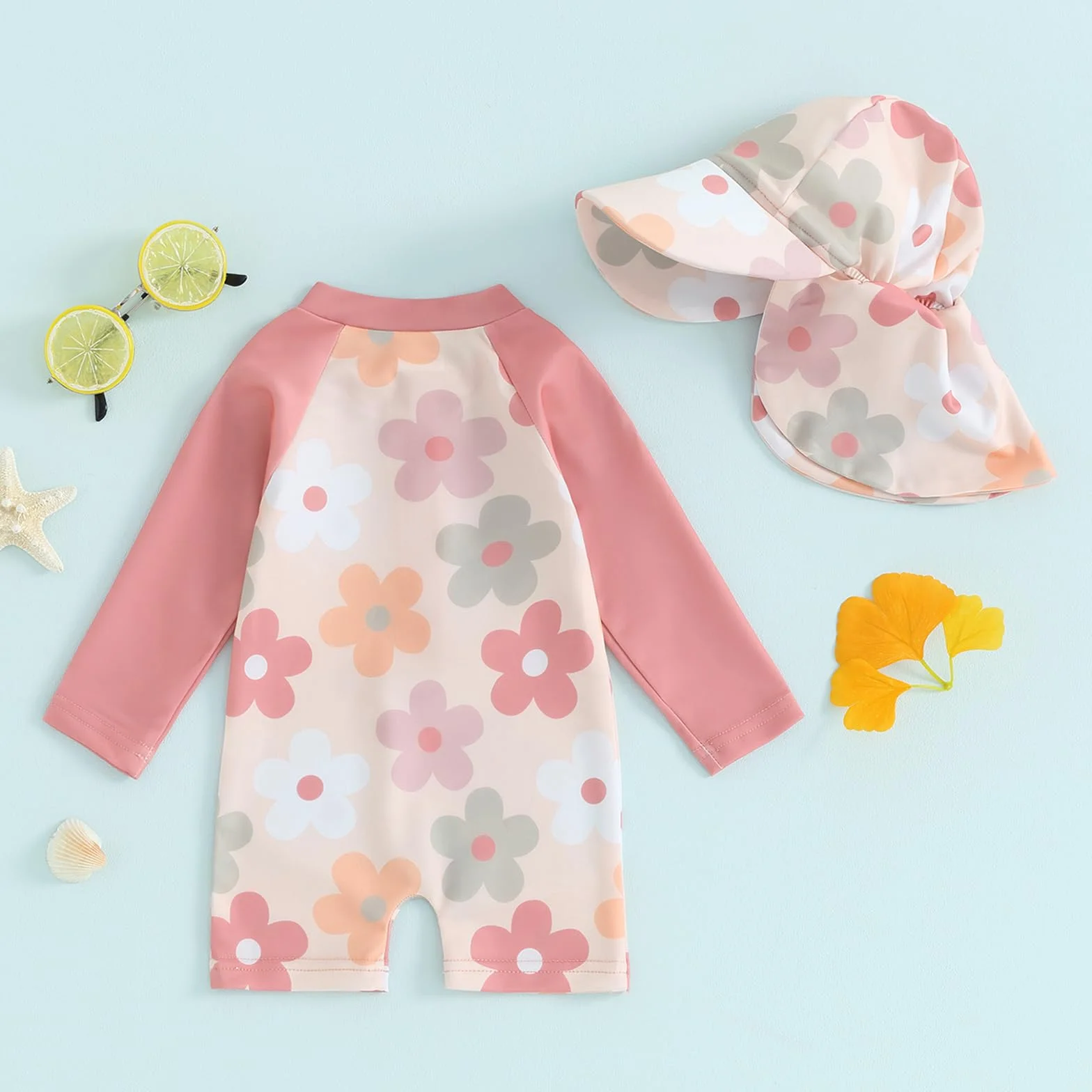 Carolilly Costume da bagno a maniche lunghe per bambini, con cerniera, anti-UV, con cappello (fiori rosa, 3-6 mesi)