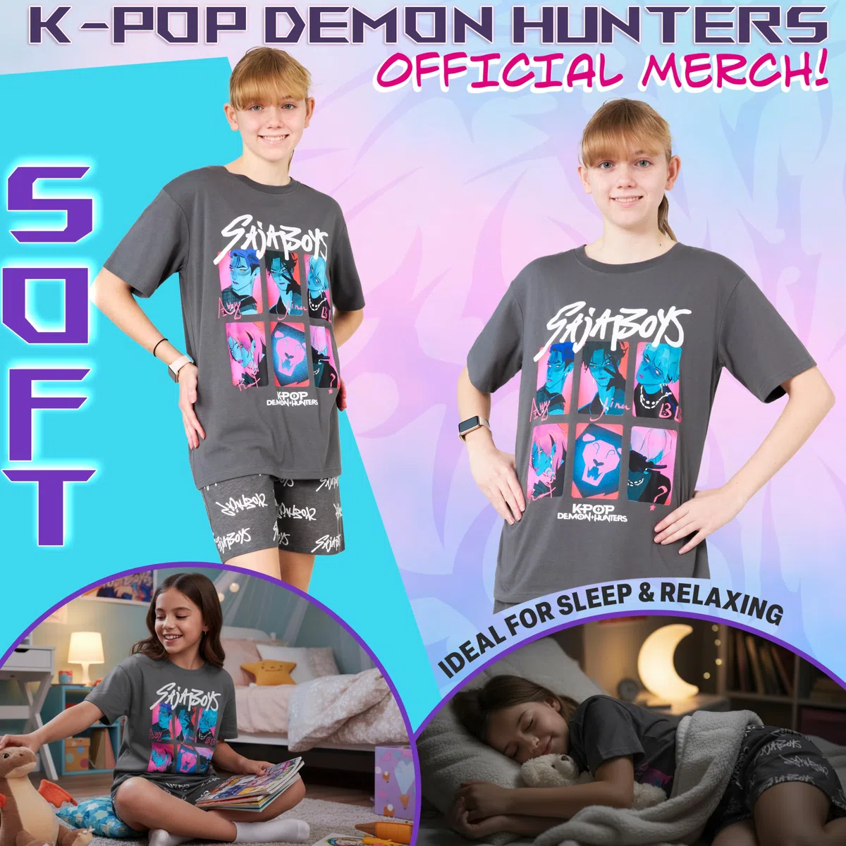 KPop Demon Hunters Ufficiale Pigiama Bambina Set 5-14 Anni, 2 Pz Pigiamone, Huntrix Saja Boys Derpy Tiger, Regalo Ragazza