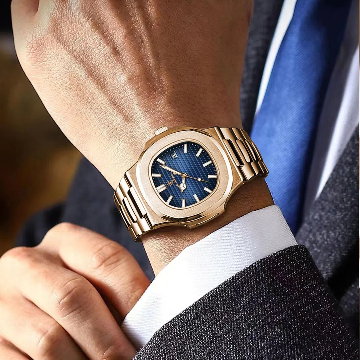 Poedagar Orologio da polso da uomo alla moda, cinturino in acciaio inox, al quarzo, impermeabile, luminoso, con data, quadrato, da uomo