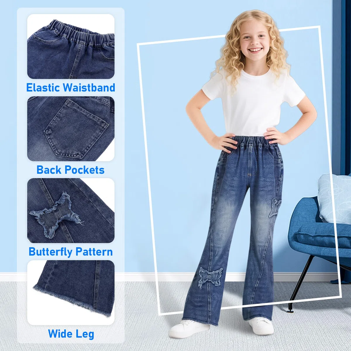 Ragazze Flared Jeans, Larghi Denim Pantaloni Bambina Baggy Gamba Larga Elasticizzati Vita Alta Lunghi Jean Ragazza Loose Fit Casual Pants Moda Streetwear, 6-15 Anni