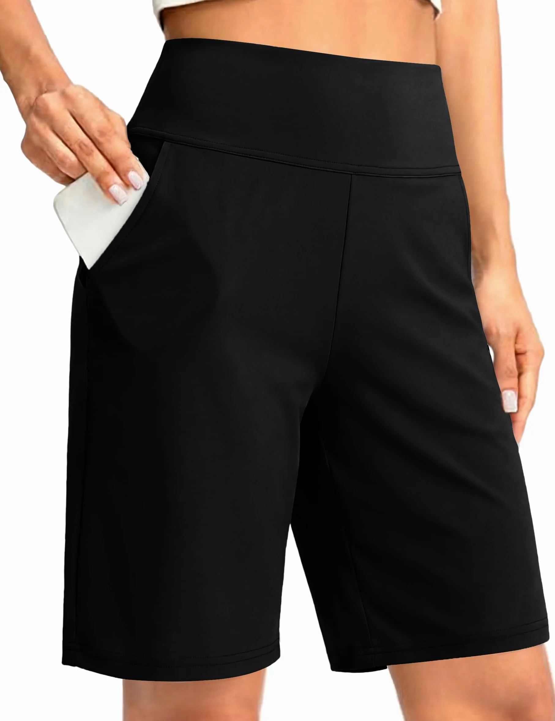 Litherday Pantaloncini estivi da donna, a vita alta, da yoga, a gamba larga, elasticizzati, lunghezza al ginocchio, da trekking, con tasche, taglie S-XXL
