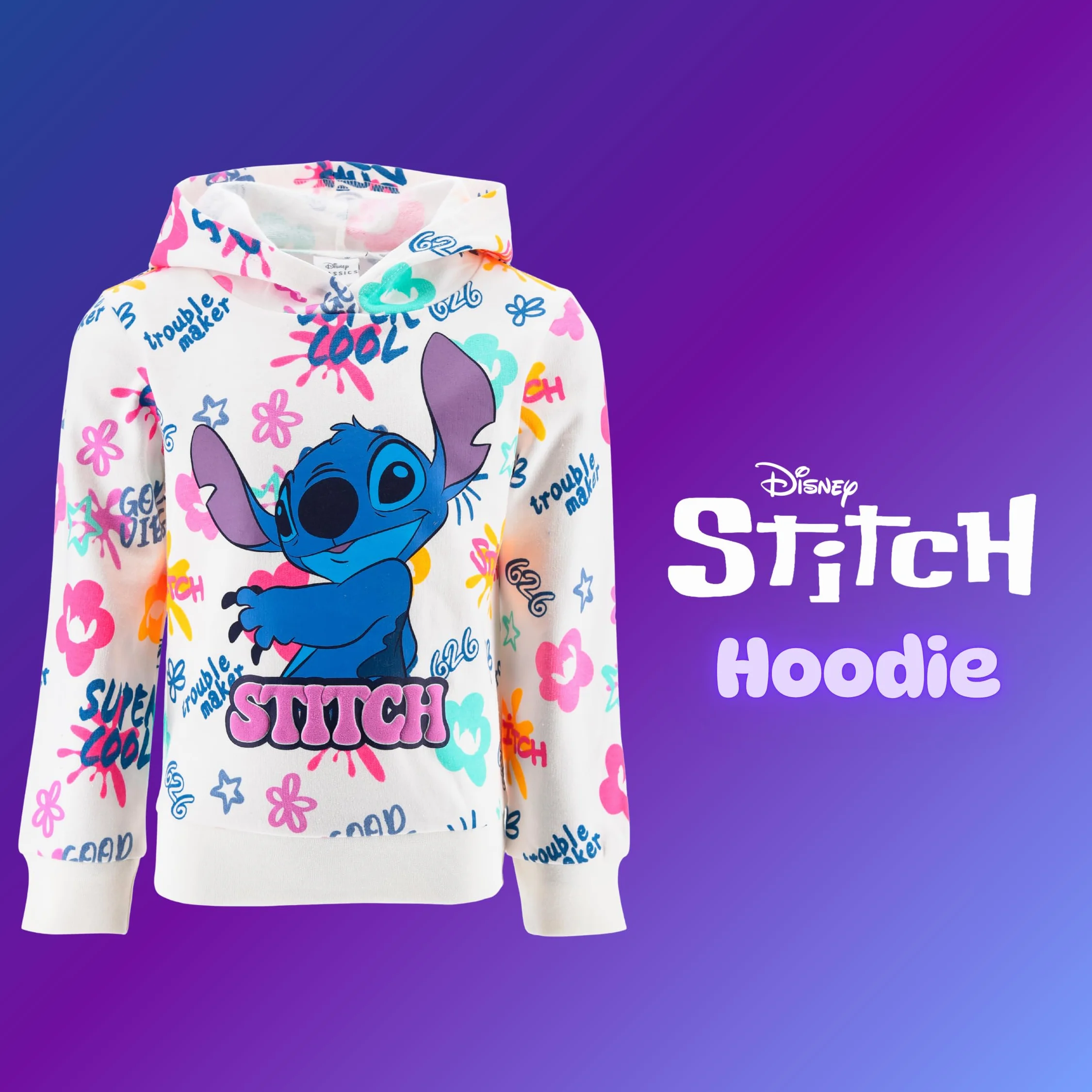 Disney Stitch Felpa per Ragazze, Maglione Motivo Stitch, Jersey Pullover con Cappuccio in Tessuto Morbido per Bambina, Taglie 3 a 8 Anni
