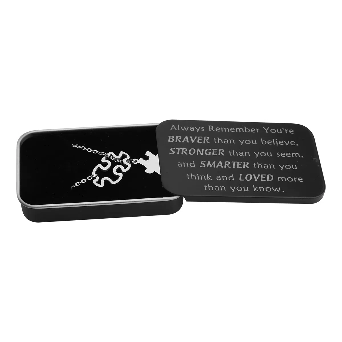 BNQL Collana per la consapevolezza dell'autismo, collana con puzzle per autismo, regalo per autismo, con scatola portagioie con scritta "You Are Braver Stronger Smarter Than You Think"
