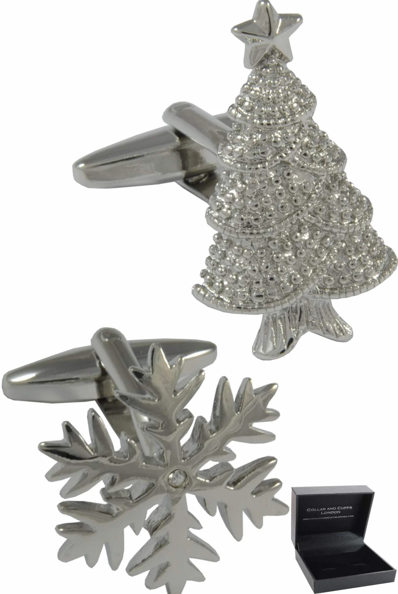 Gemelli Camicia Uomo Natale - Con Scatola - Classico Albero di Natale e Fiocco di Neve - Ottone - Argento Colorato - Un Paio