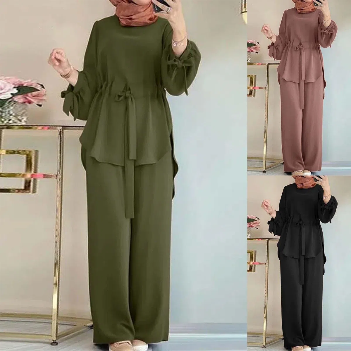 Donna musulmana manica lunga risvolto camicia irregolare pantaloni larghi pantaloni larghi tinta unita tuta casual tuta pantaloni festivi maniche lanterne set musulmano abaya abbigliamento