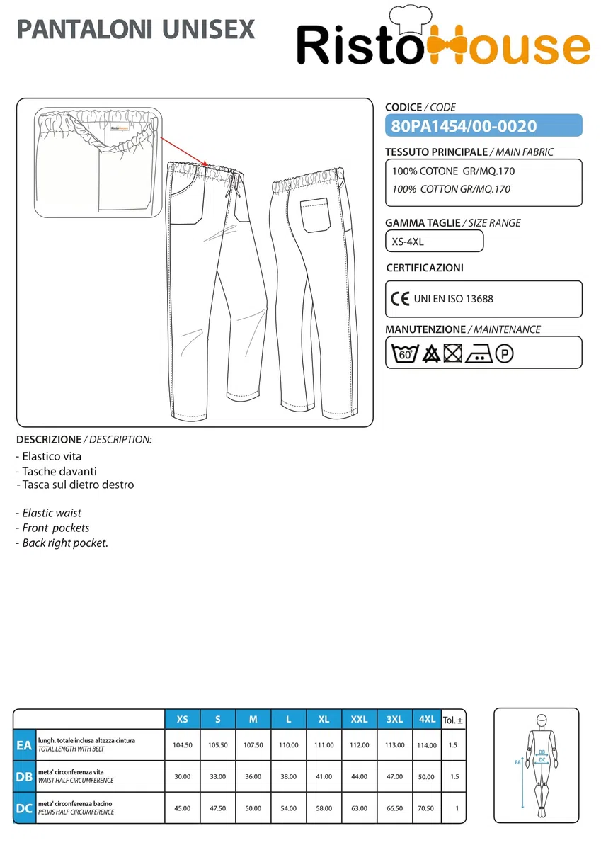 Ristohouse Pantalone da Cuoco Professionale 100% Cotone – Coulisse Regolabile, 3 Tasche, Traspirante e Resistente – Pantalone Chef Uomo Donna Cucina