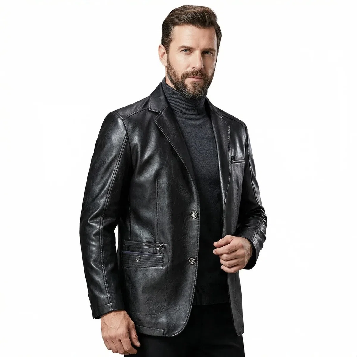 Giacca da uomo in pelle, stile business casual, con risvolto in morbida pelle, vestibilità regolare, 2 bottoni con tasche