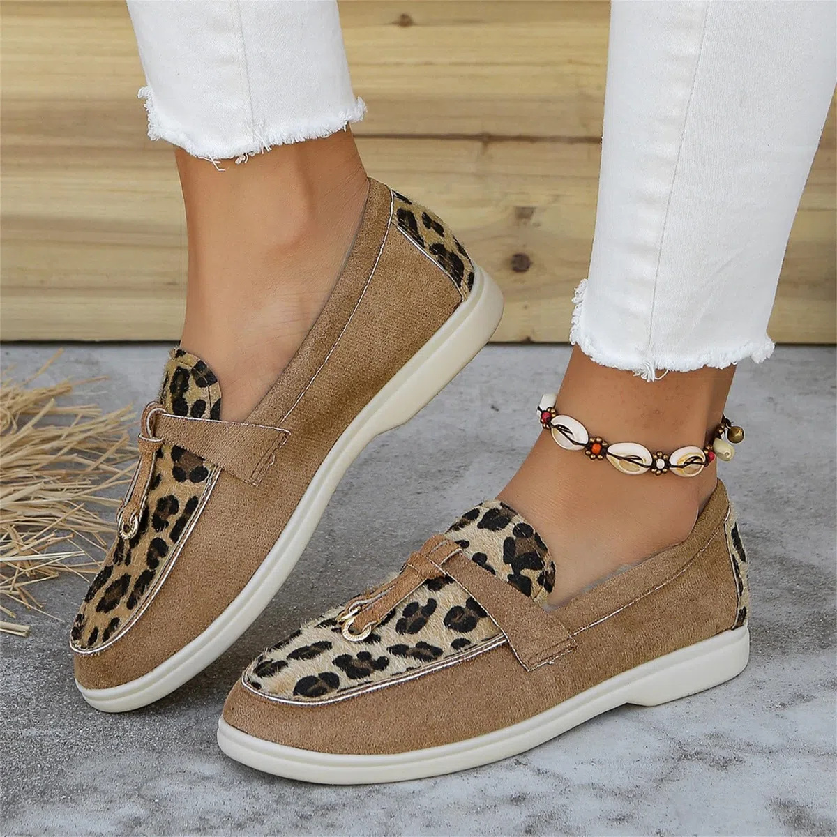 Scarpe basse da donna larghe H leopardate, traspiranti, ortopediche, antiscivolo, leggere, casual, comode e per il tempo libero
