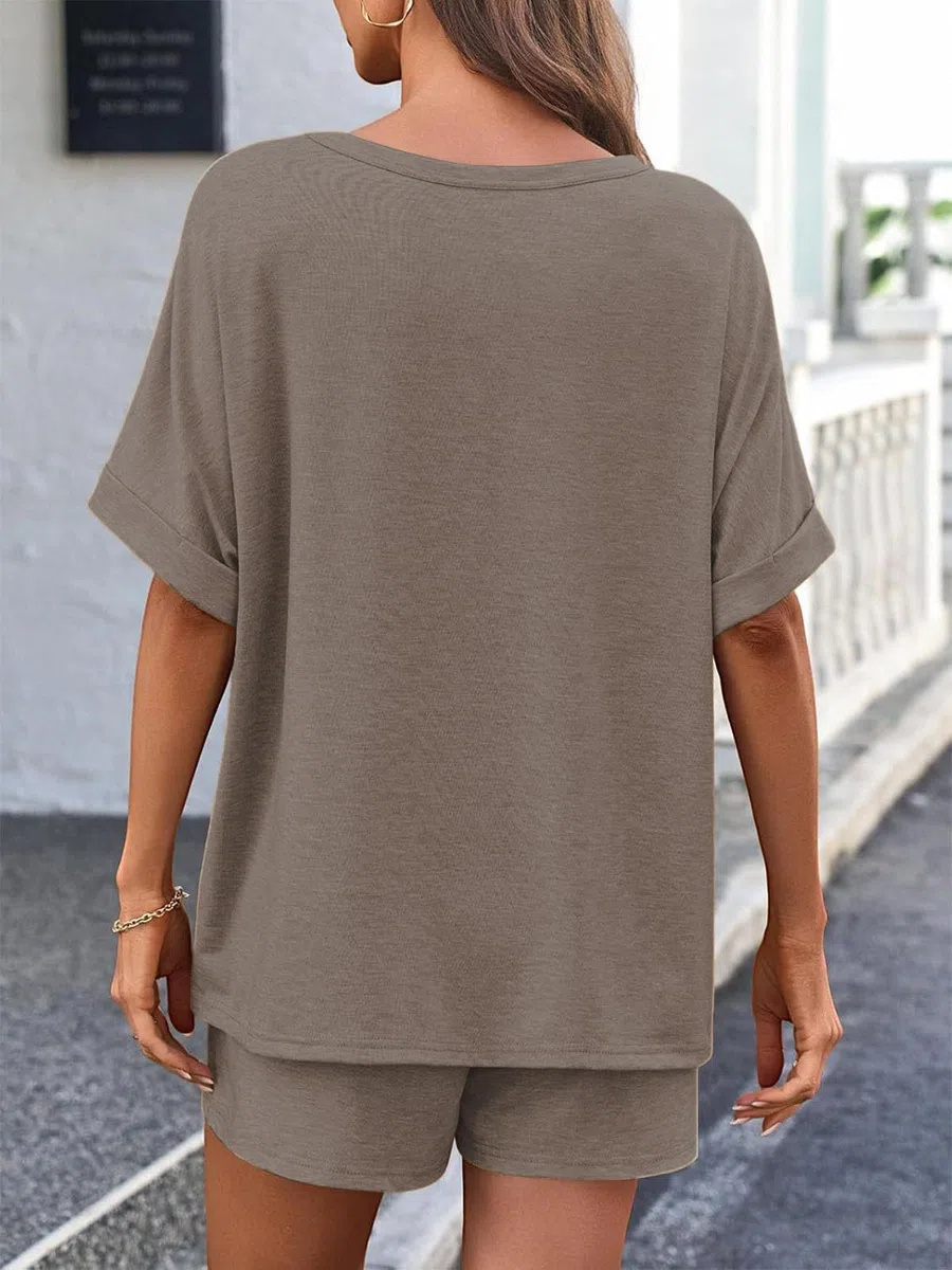 Tuta Sportiva Donna Estiva Due Pezzi Casual Tuta da Ginnastica T-Shirt Manica Corta e Pantaloncini con Tasche Completo Sportiva Training Casa