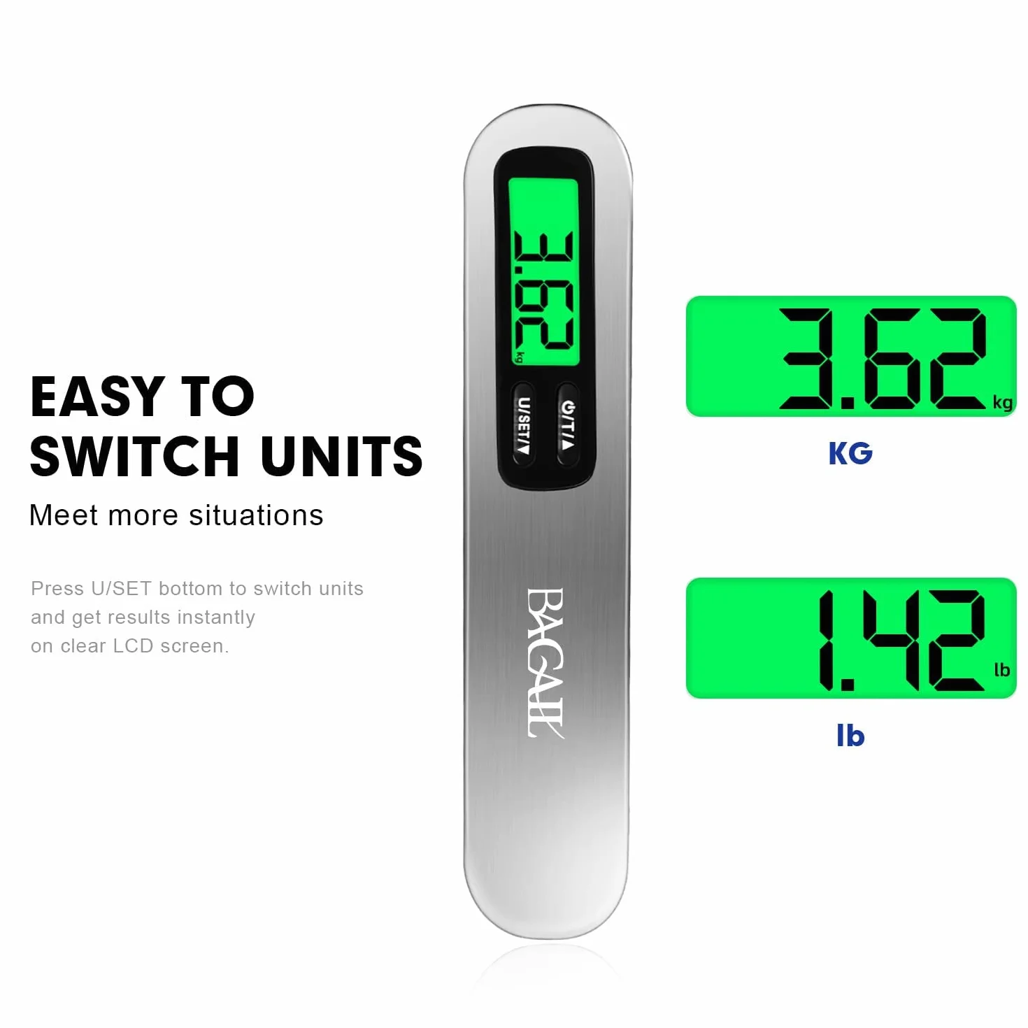 BAGAIL Bilancia per bagagli digitale, Pesavaligie Sospesa con Display LCD Retroilluminato, Bilancia da Viaggio, Bilancia per Valigie Portatile con Gancio, Capacità 110 libbre/50 kg, Batteria Inclusa