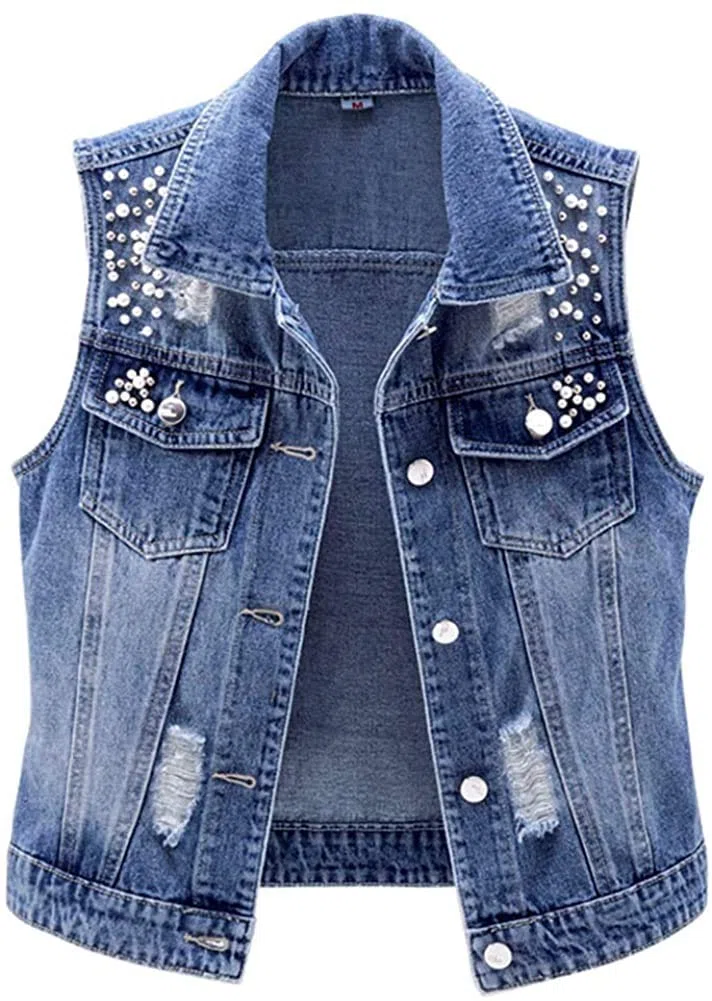 Lazutom Gilet da donna senza maniche in denim con perle e perline