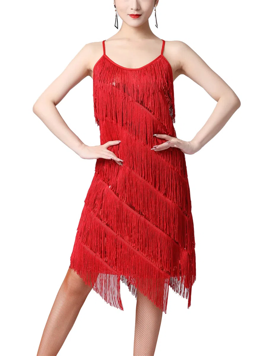 Freebily Abiti da Ballo Donna Senza Maniche Tango Latin Jazz Paillettes Nappa Abito Vestito Vestiti da Latino Americano Frange Lustrino Vestiti da Rumba Salsa Samba