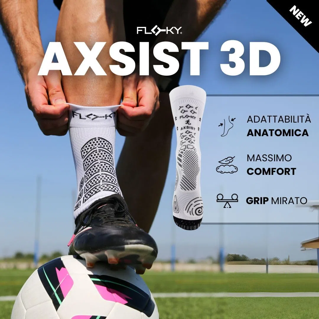 FLOKY AXIST 3D calze da calcio e rugby biomeccaniche. Calza a compressione, antiscivolo. Caviglia stabilizzata, protezione tendine d'Achille, massimo grip, supporto plantare.