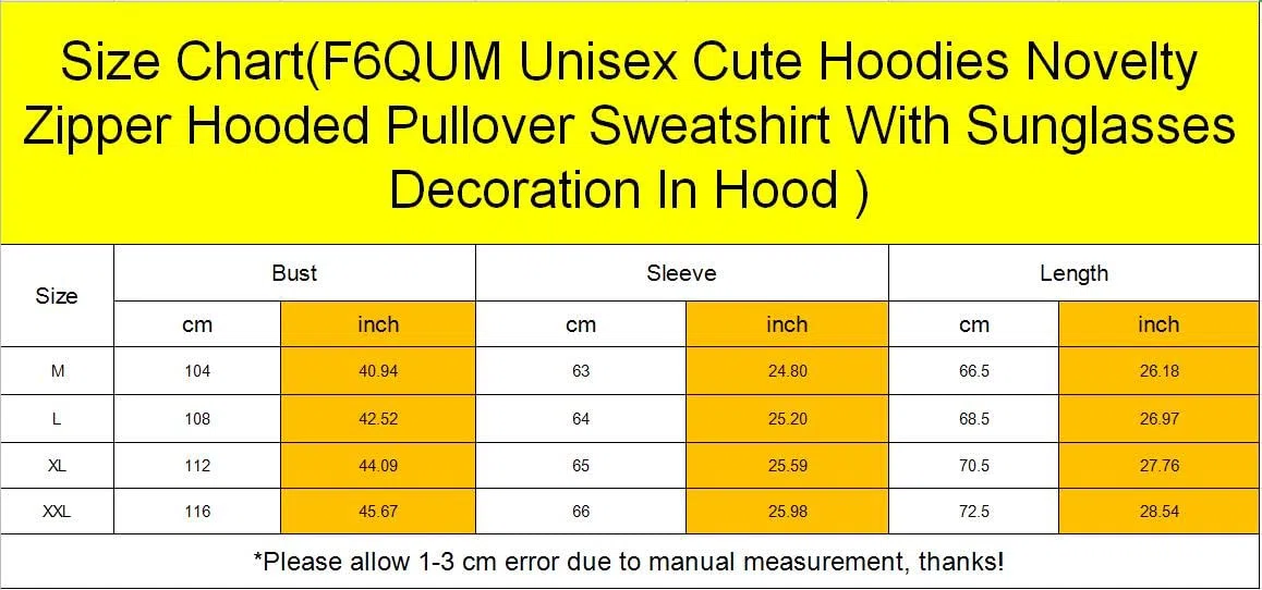 Felpa con cappuccio unisex con cappuccio e cerniera con cappuccio e decorazione per occhiali da sole